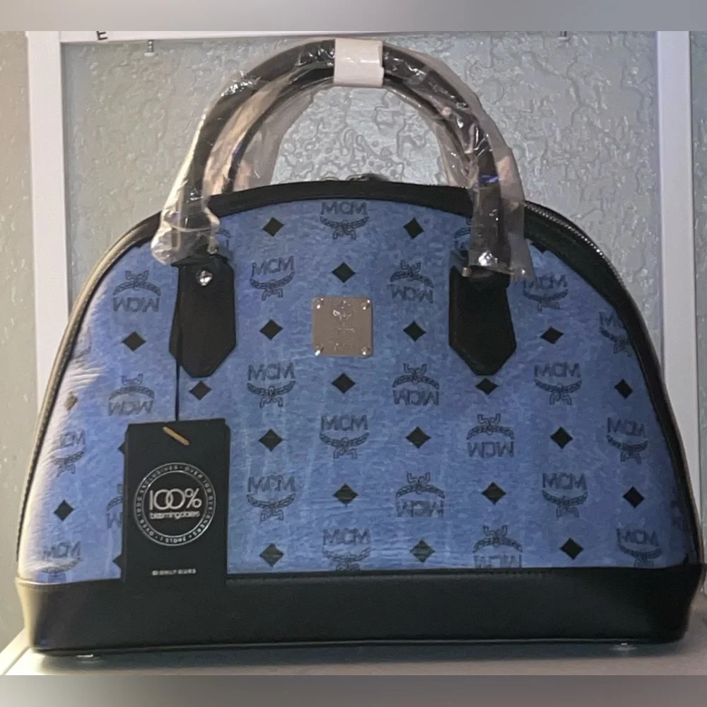 MCM SIGNATURE LEATHER DOMED TOP HANDLE SATCHEL HANDBAG PURSE DENIM BLUE BLACK